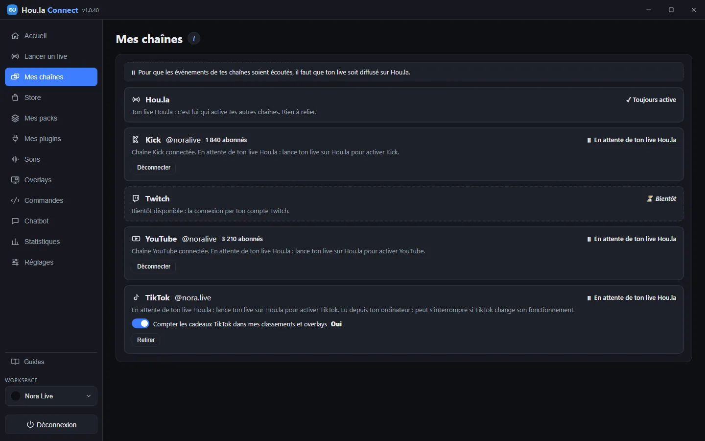 Capture de Hou.la Connect, vue « Mes chaînes » : Hou.la toujours active, Kick, YouTube et TikTok reliés, en attente du live Hou.la, Twitch marqué « Bientôt ».