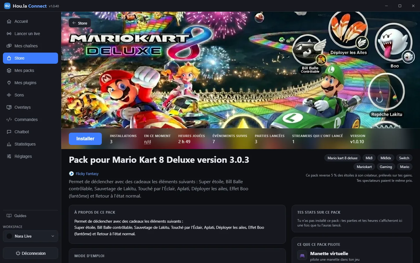 Capture de la fiche du pack pour Mario Kart 8 Deluxe&nbsp;: sa bannière, le bouton Installer, 3 installations, 7 événements suivis, une part de 5&nbsp;% pour son créateur, et ce qu’il pilote&nbsp;: une manette virtuelle.