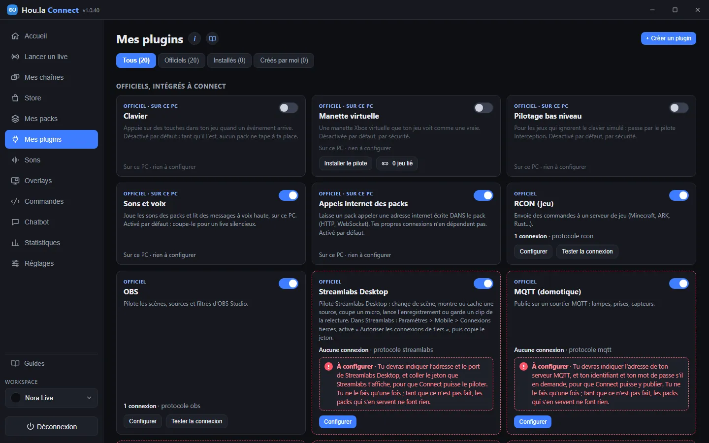 Capture de la vue «&nbsp;Mes plugins&nbsp;»&nbsp;: Clavier, Manette virtuelle et Pilotage bas niveau coupés par défaut&nbsp;; Sons et voix, Appels internet des packs, RCON et OBS allumés.