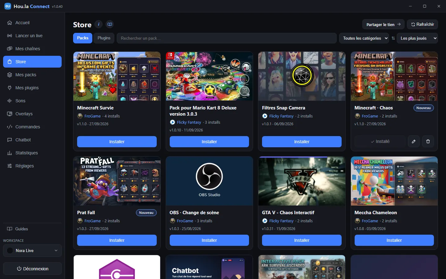 Capture du Store de Hou.la Connect avec ses vrais packs, classés par popularité&nbsp;: Minecraft Survie, Mario Kart 8 Deluxe, Filtres Snap Camera, Minecraft Chaos (installé), Prat Fall, OBS Change de scène, GTA V Chaos Interactif, Meccha Chameleon.