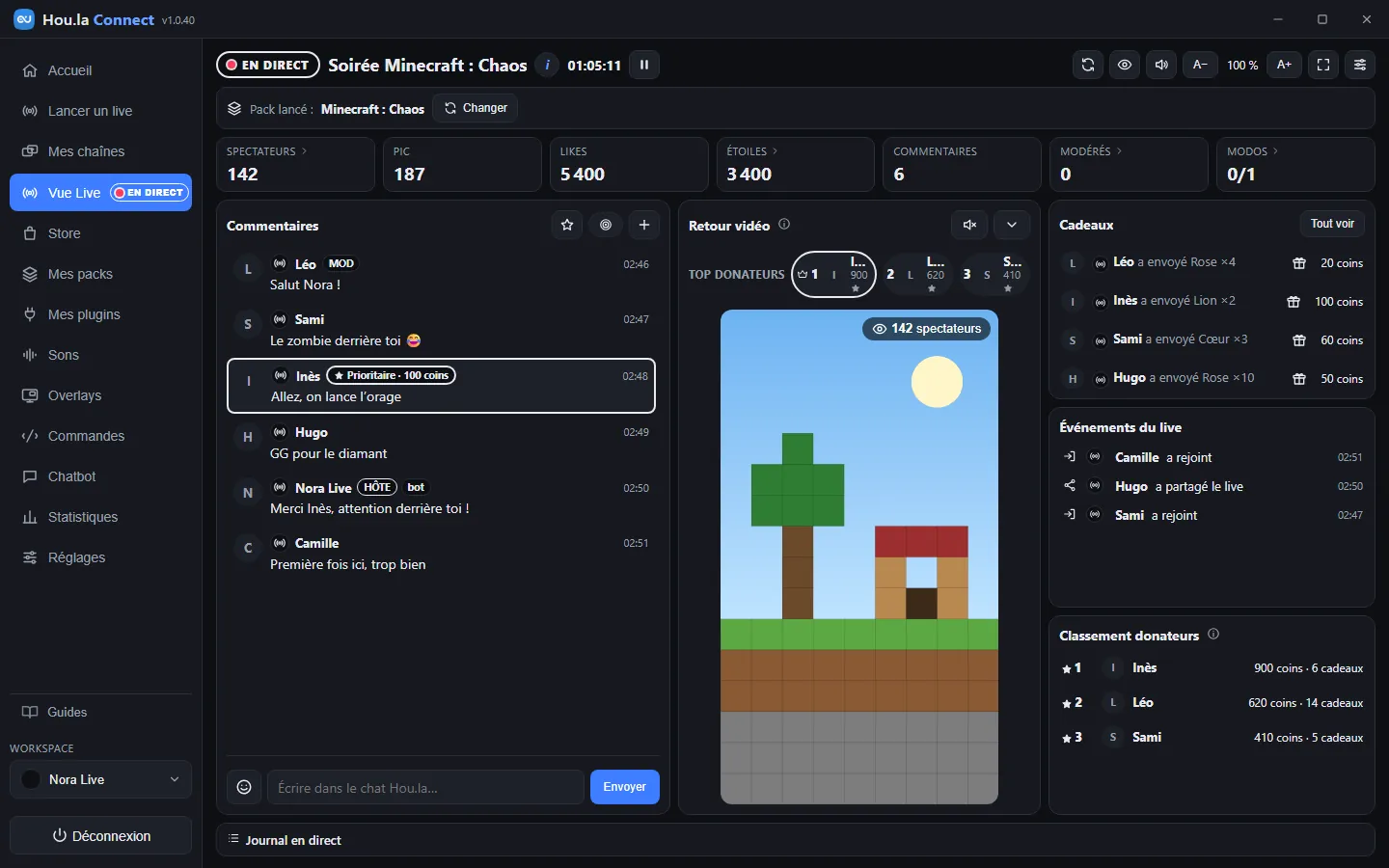 Capture de la Vue Live pendant le live «&nbsp;Soirée Minecraft&nbsp;: Chaos&nbsp;»&nbsp;: les commentaires, dont un message prioritaire, le retour vidéo, les cadeaux reçus, les événements du live et le classement des donateurs.